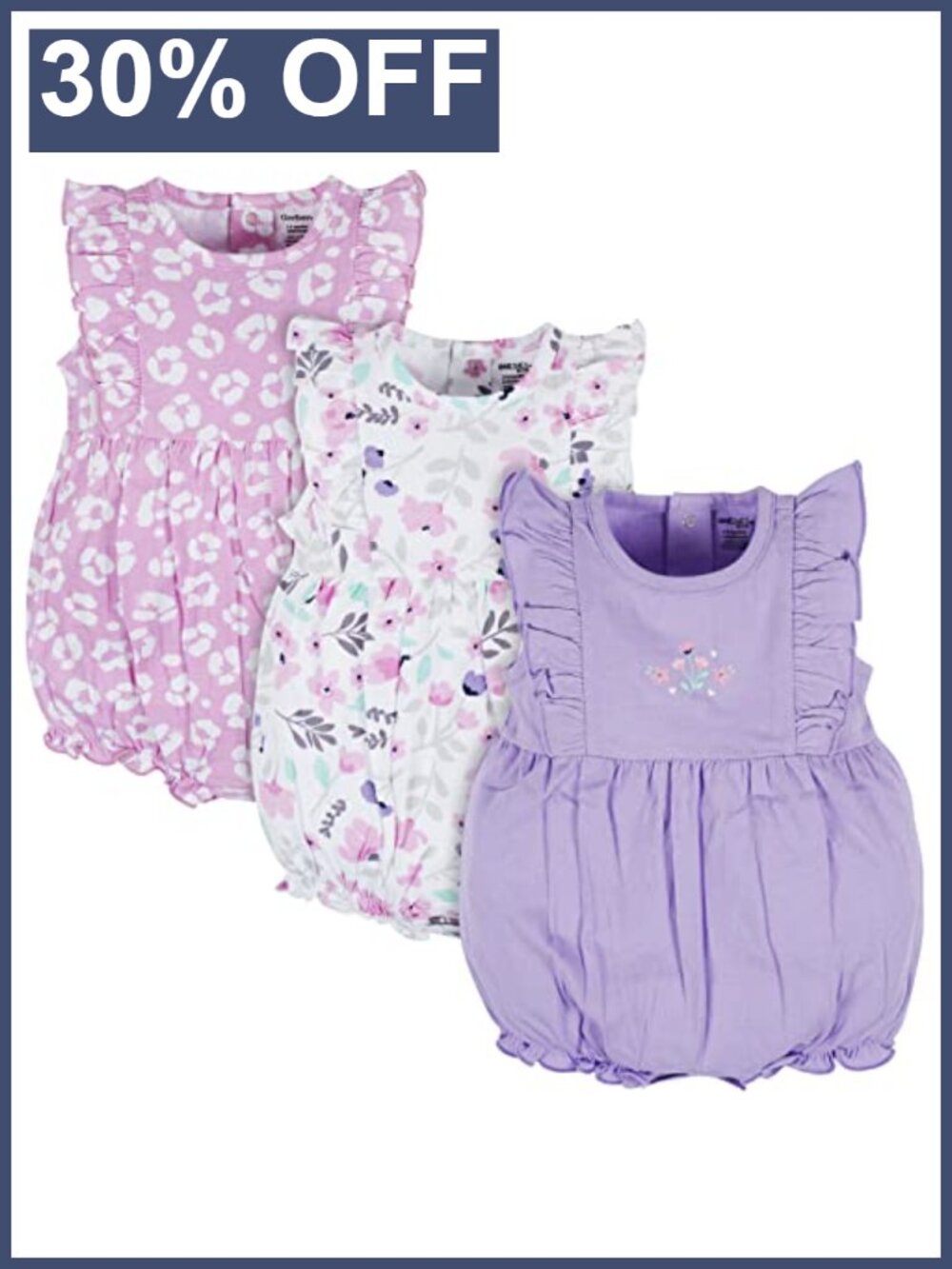Baby Girls 3-Pack Cotton Rompers, Short Sleeve Floral, Snap Closure